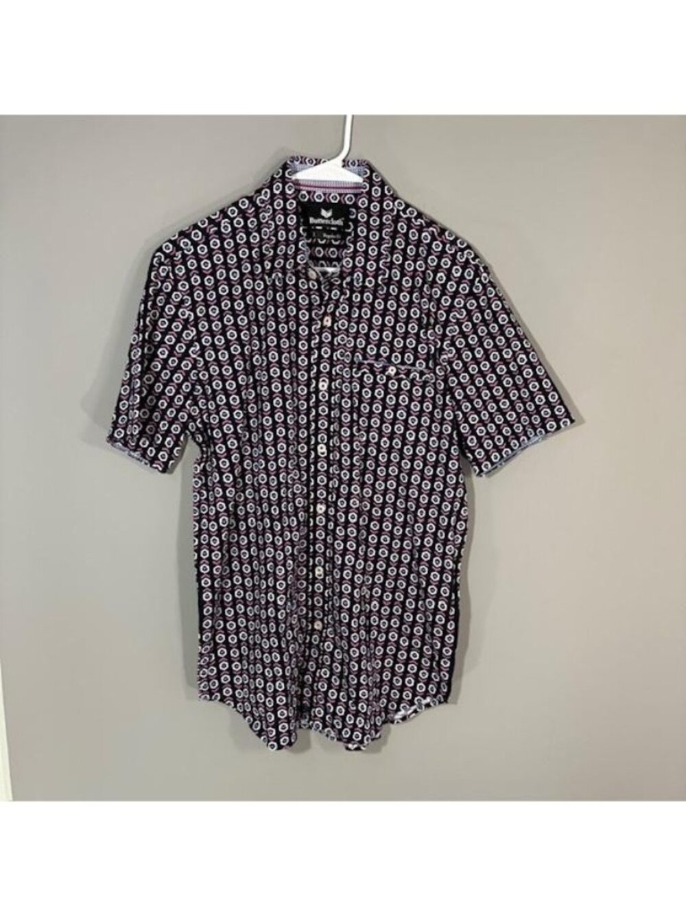 Buttercloth Shirt Mens Large Blue Geometric Cotton Short Sleeve Button Up Casual